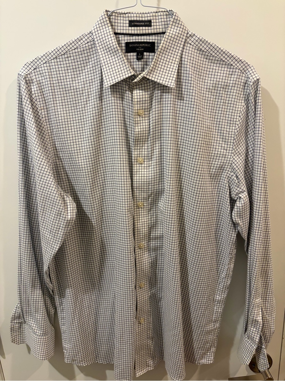 Banana Republic White Dress Shirt with Navy Windowpane Check
